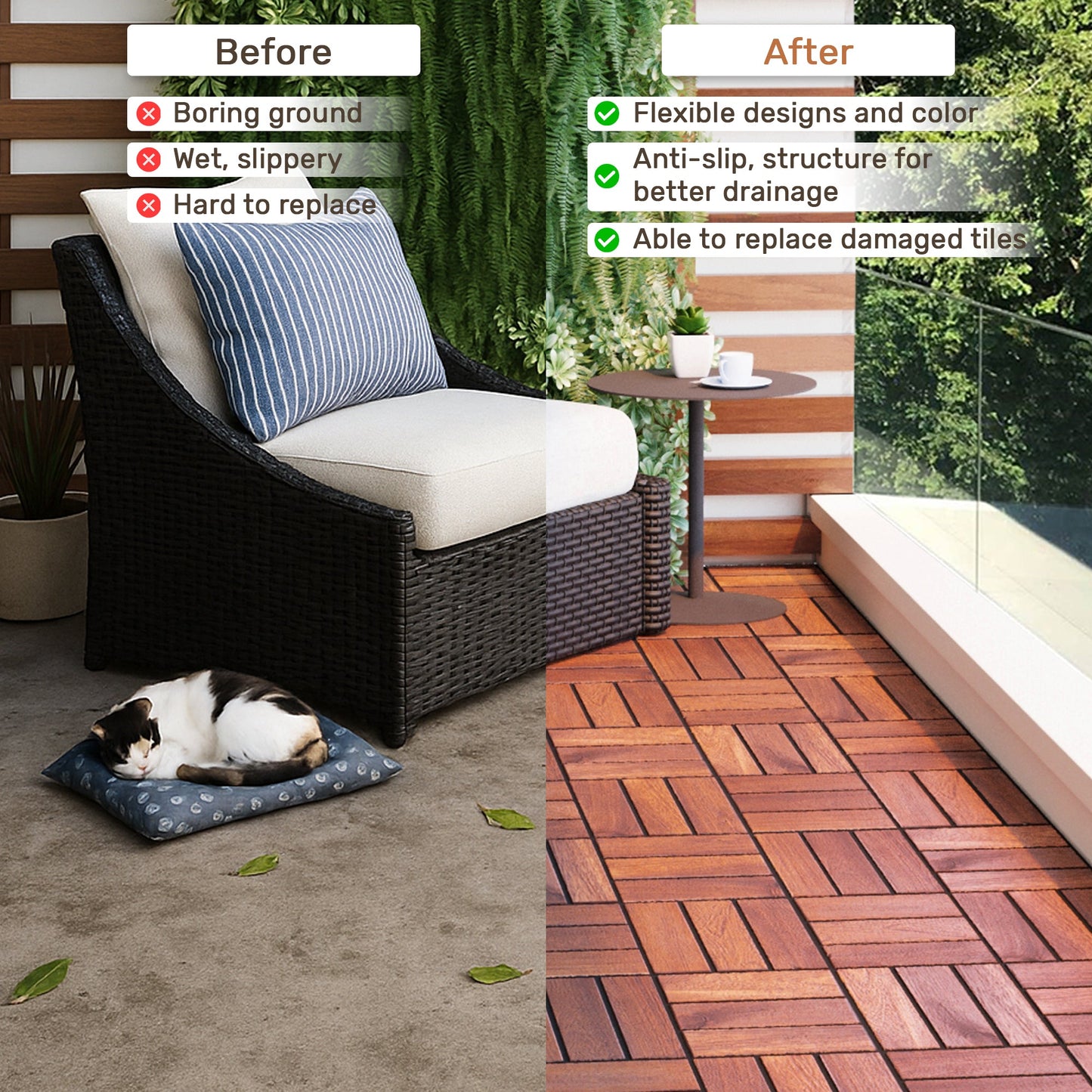 Acacia Wood Interlocking Deck Tiles Checker Pattern