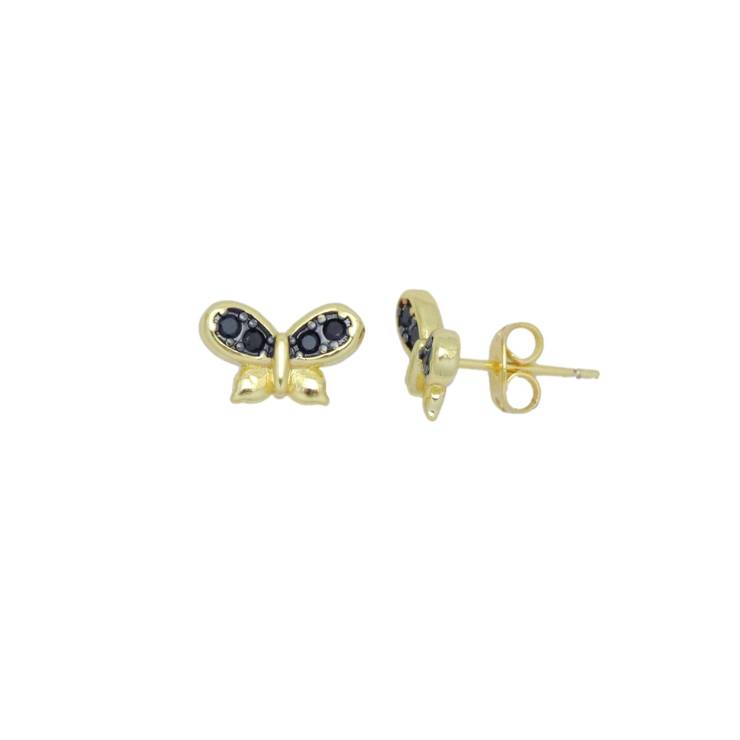 Black CZ Gold Butterfly Stud Earrings, Sku#LK1011