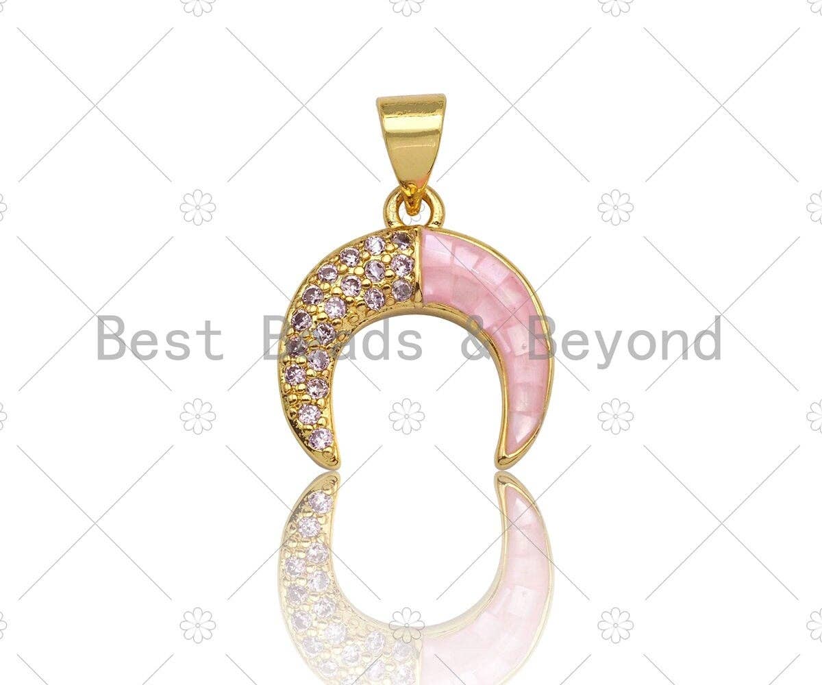 Pink Pendant/Charm, Pink Mother-of-pearl Horn Pendant, Cubic Zirconia Pendant, Gold Tone, 15x16mm, Sku#LK70