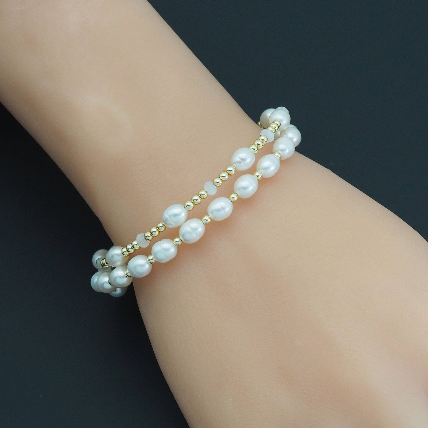 CZ White Pearl Gold Spacer Wire Wrap Bracelet, Sku#EF519