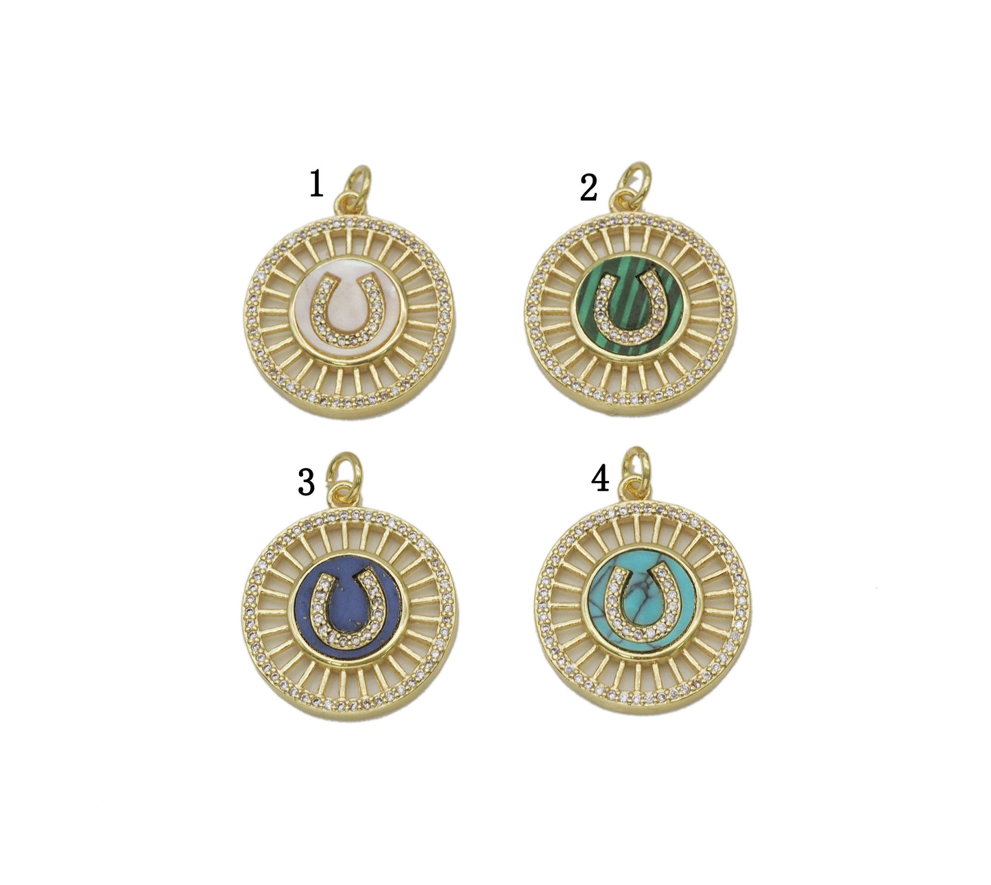Gold CZ Horseshoe U Shape On Round Coin Charm, Sku#L695