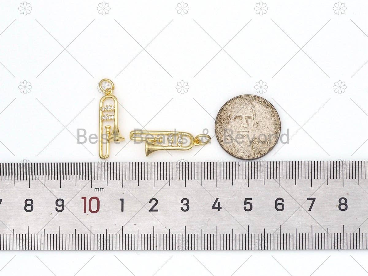 CZ Micro Pave Trumpet Shape Pendant, 18K Gold Filled Musical Instrument Charm, Necklace Bracelet Charm Pendant,9x23mm,Sku#F1441