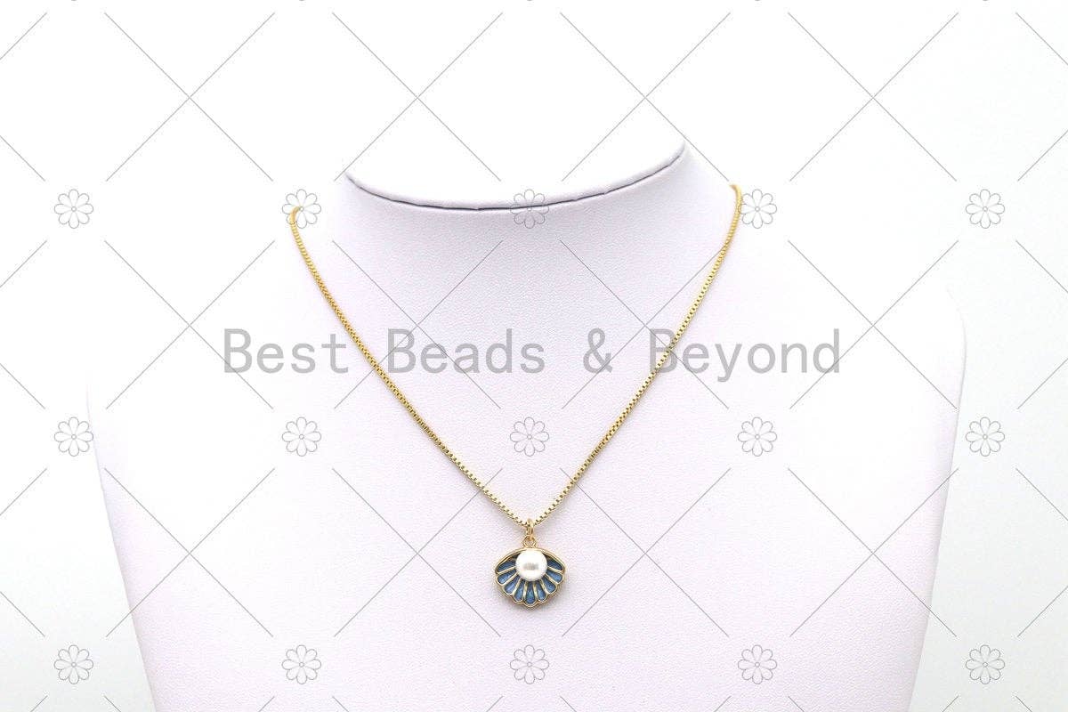 Mother of Pearl On Blue Enamel Shell Shape Pendant, 18K Gold Filled Shell Charm, Necklace Bracelet Charm Pendant,Sku#Y552