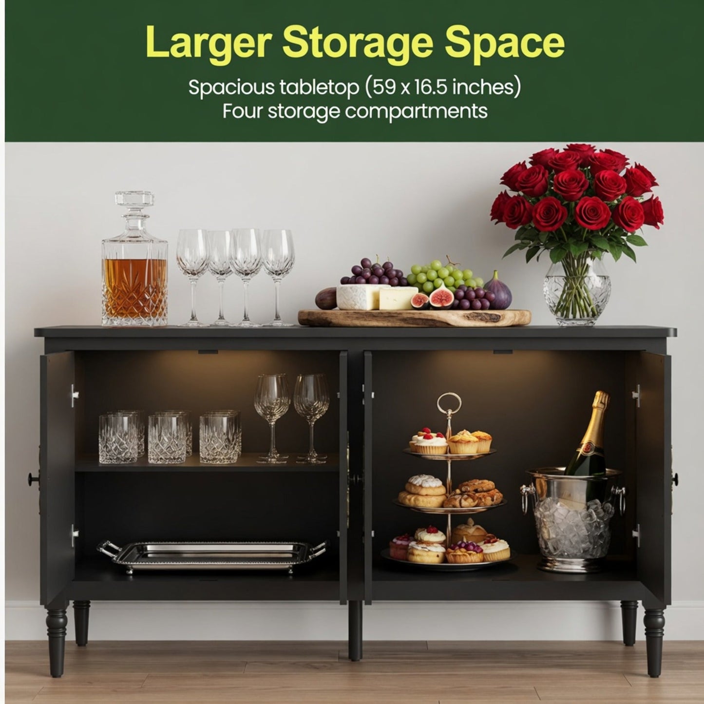 58.9" Stain Black Buffet Cabinet