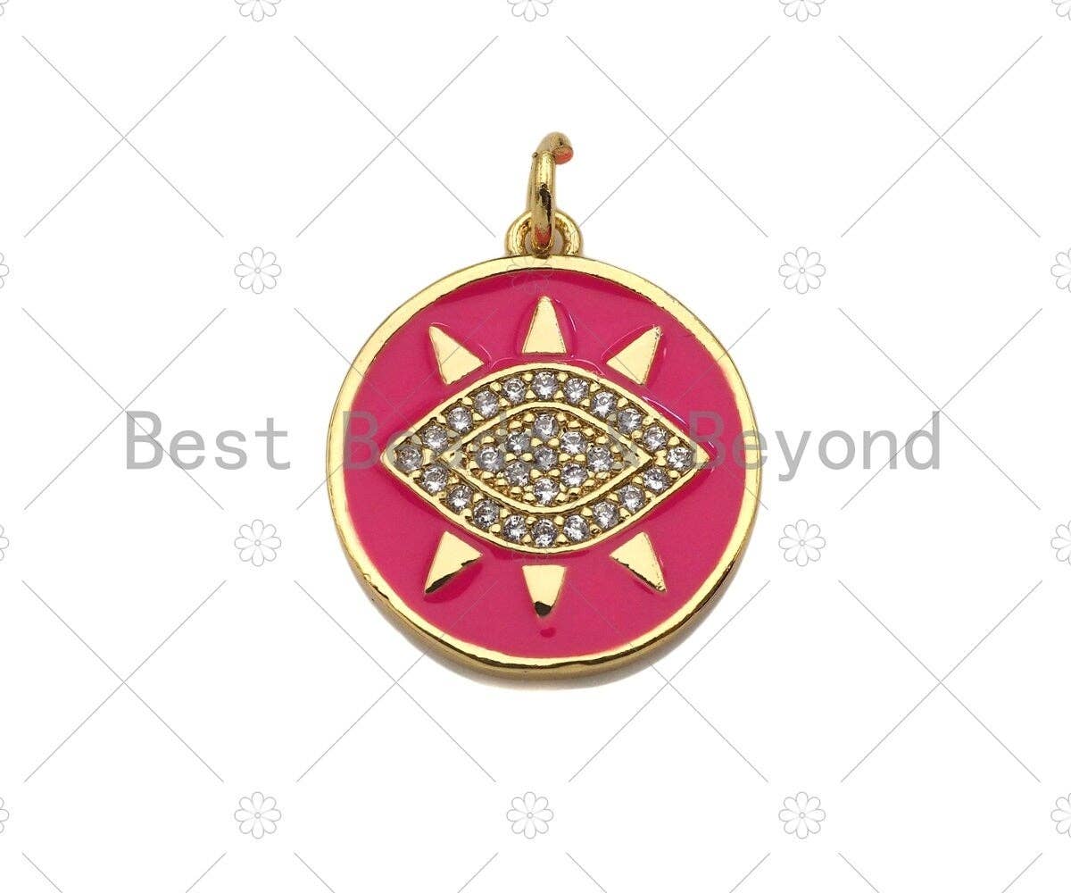 Colorful Enamel PAVE Evil Eye On Round Coin Pendant, SKU#L430C