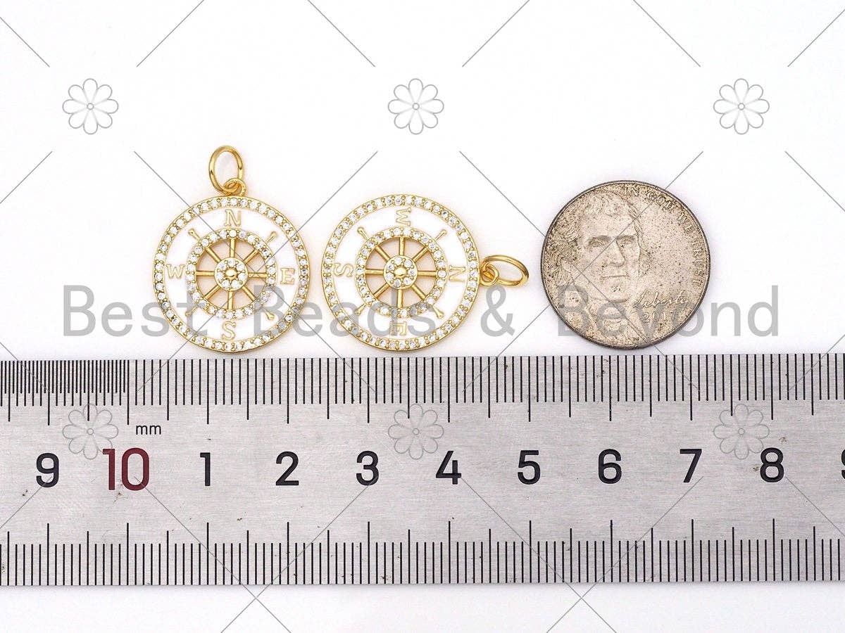 CZ Micro Pave White Enamel Compass Round Coin Shape Pendant,18K Gold Filled Enamel Pendant,Enamel Jewelry,23x20mm,Sku#Z1382
