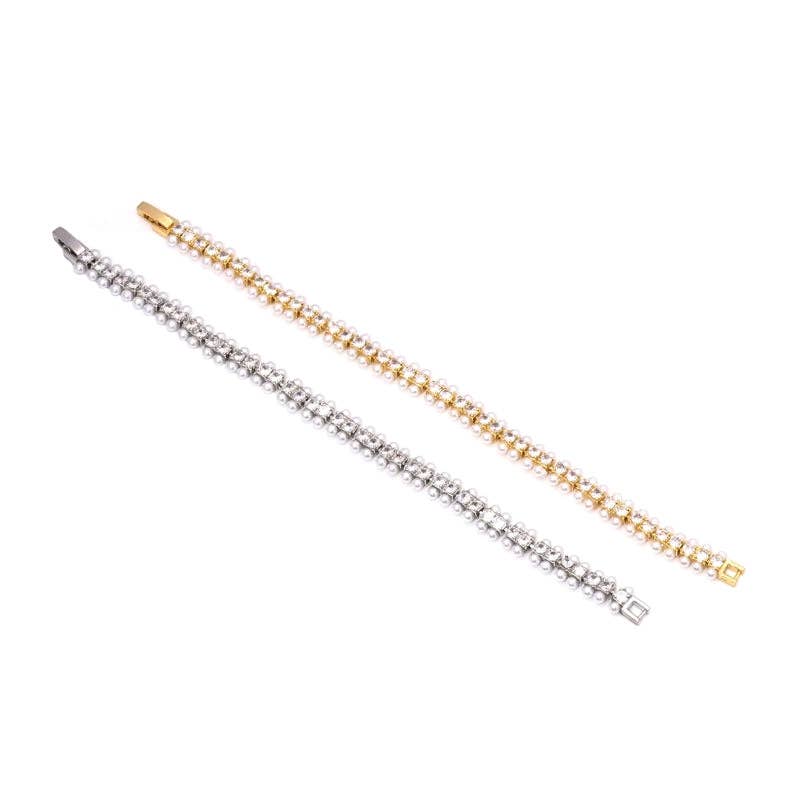 Gold Silver Clear CZ Double Line Pearl Bracelet, Sku#B356
