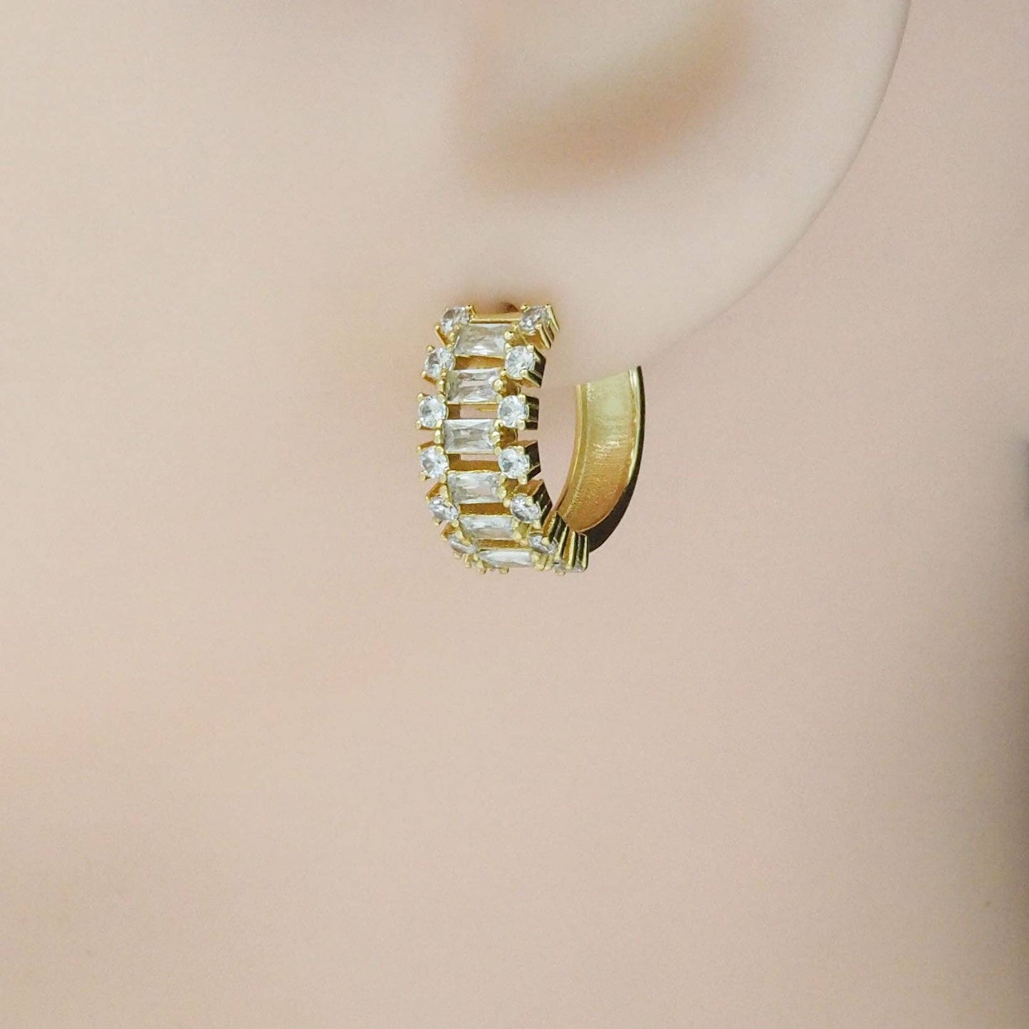 Gold Silver Baguette CZ Round Hoop Earrings, Sku#A131