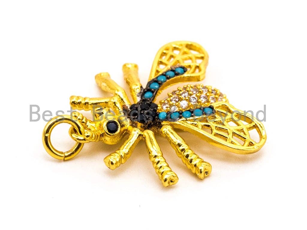 FLY Inspired Charm, CZ Micro Pave Insect Pendant, Cubic Zirconia Pendant,Gold/Rose Gold/Silver/Black,20x21x49mm,SKU#F439