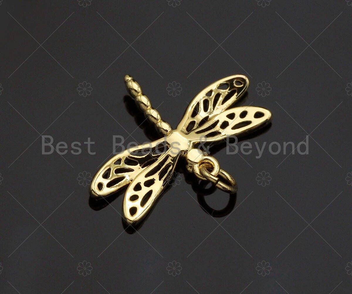 CZ Micro Pave Dragonfly Shape Pendant/Charm,Dragonfly  Cubic Zirconia Pendant, Silver/Gold Tone,24x17mm,Sku#L316