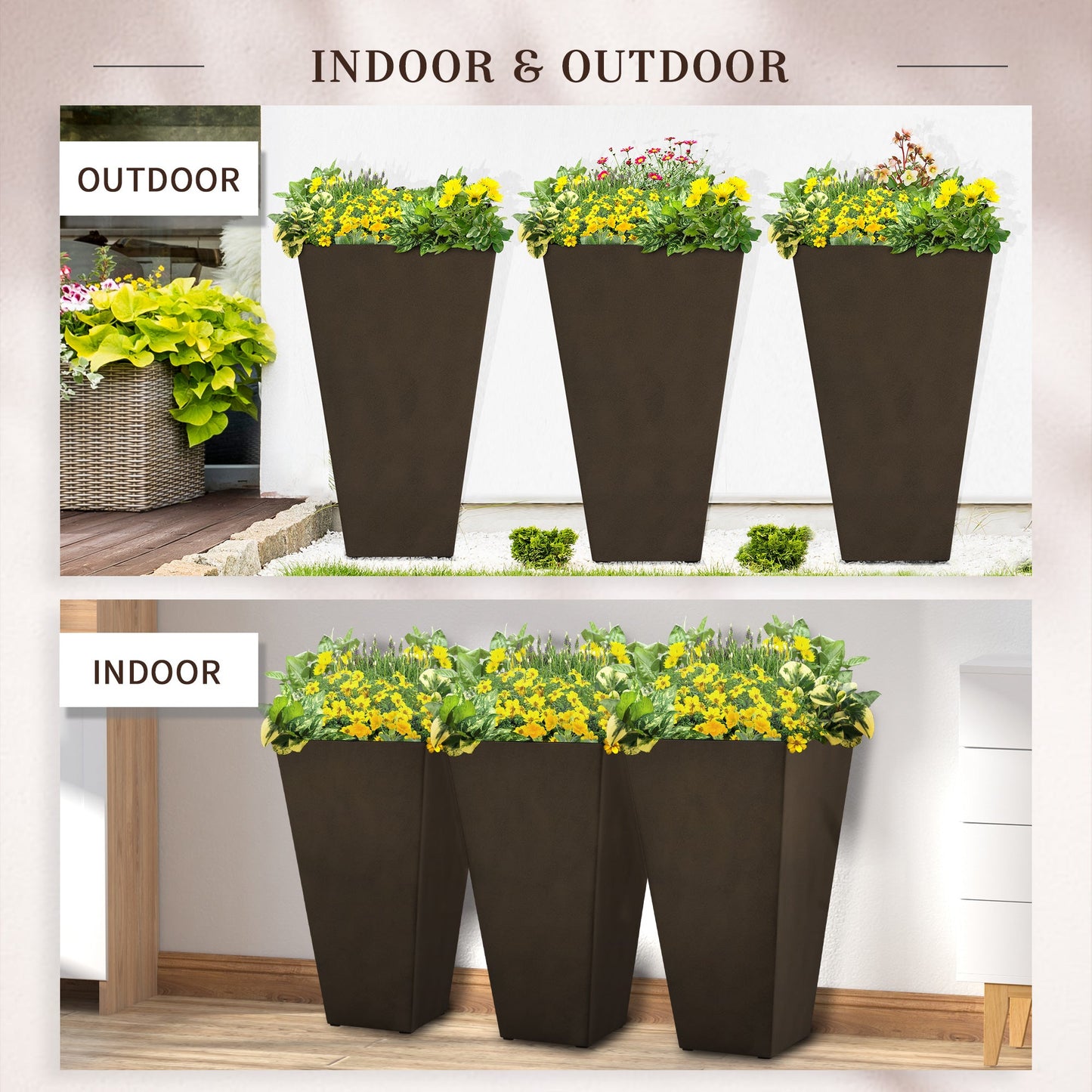 Outsunny Set of 3 Tall Planters with Drainage Hole, 28"
