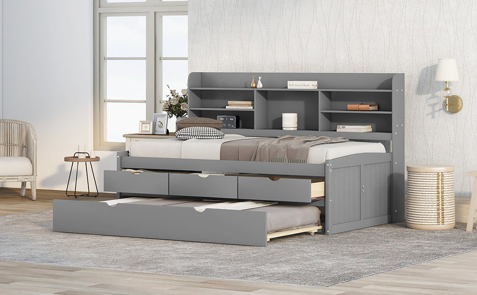 Twin Size Wooden Captain Bed with Built-in Bookshelves