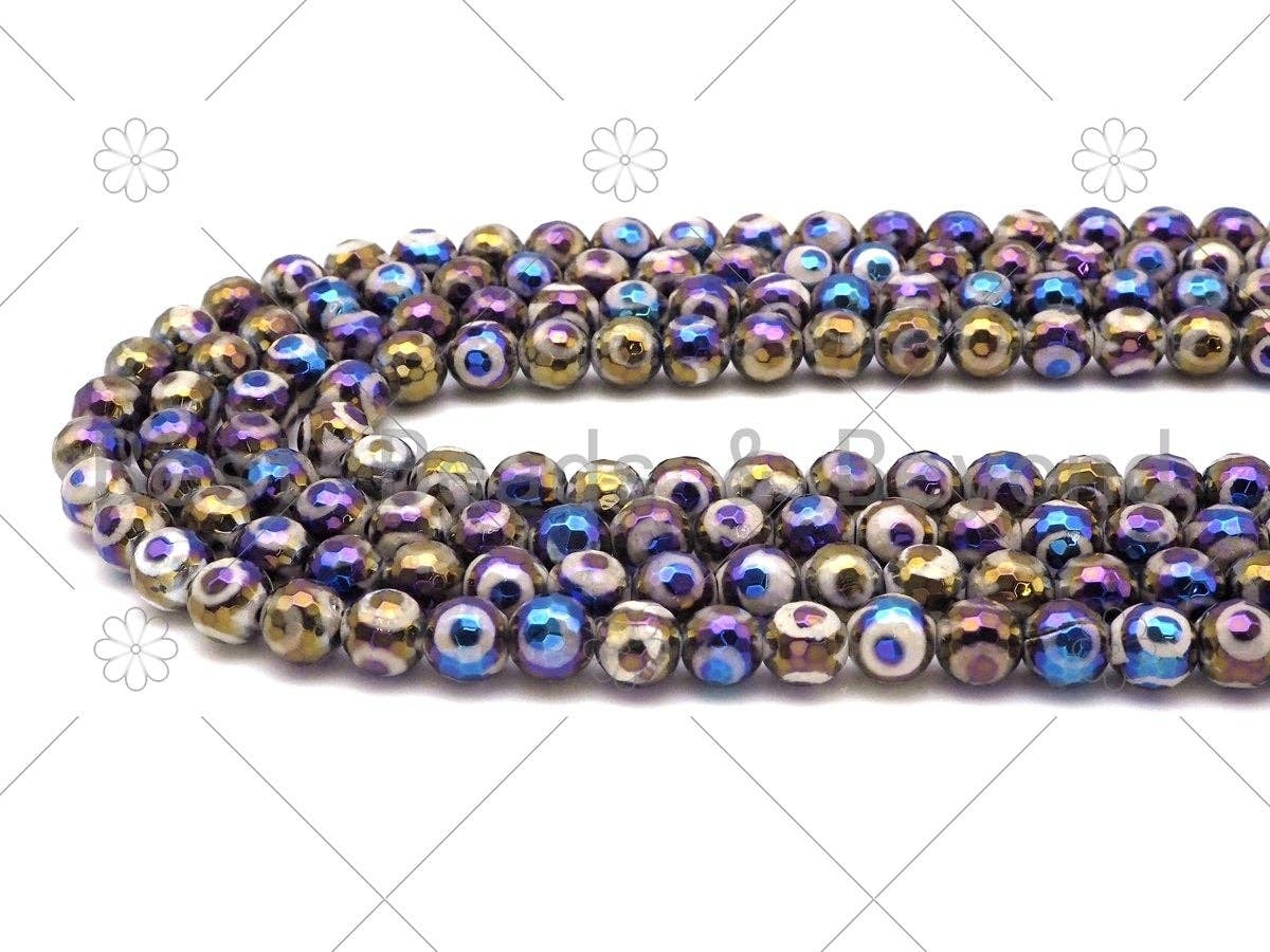 Mystic AB Tibetan Agate Round Faceted Beads, 6mm/8mm/10mm/12mm Natural Evil Eye Agate Beads, 15.5'' Full Strand, Sku#UA224