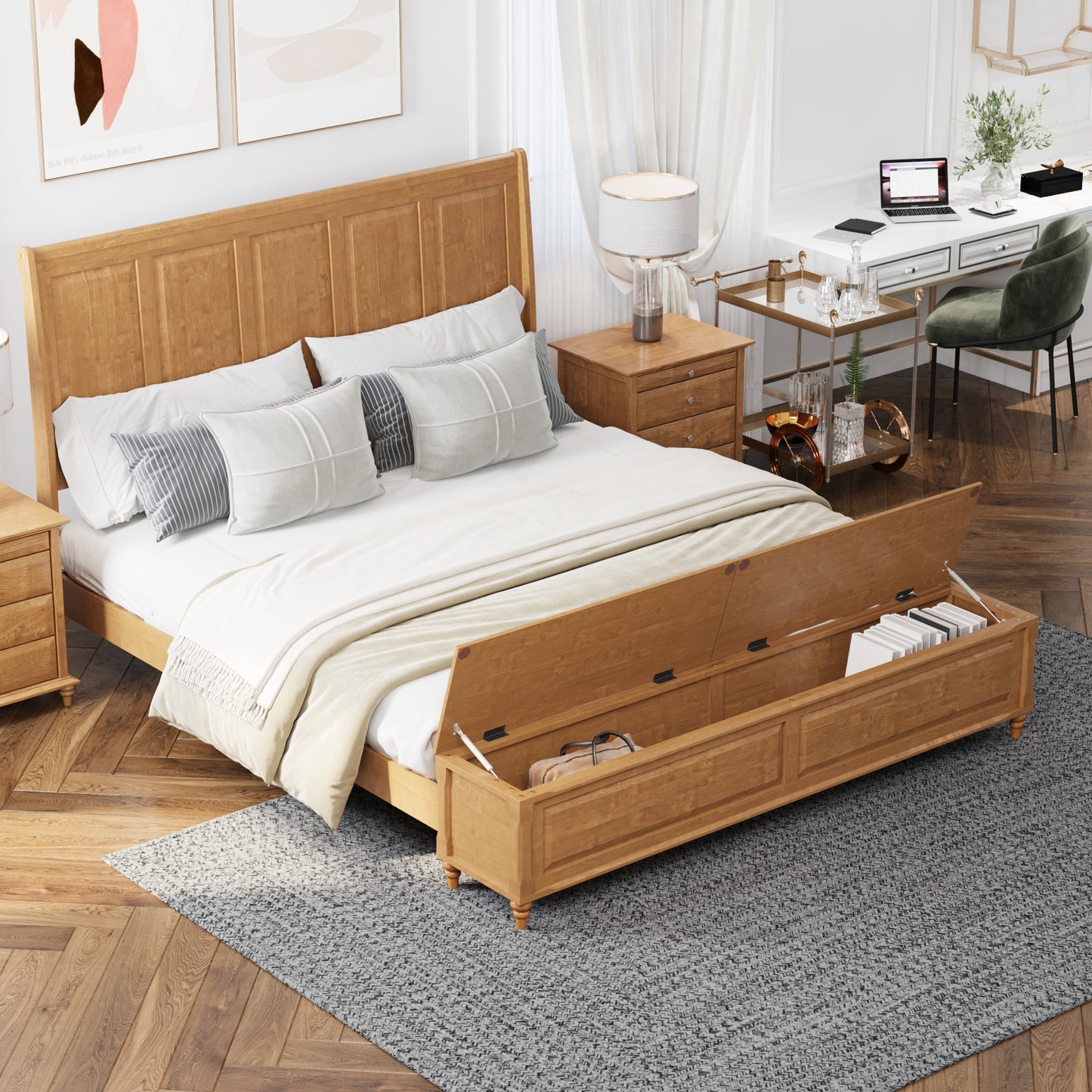 King Bed Frame with Tall Headboard and Storage Bench