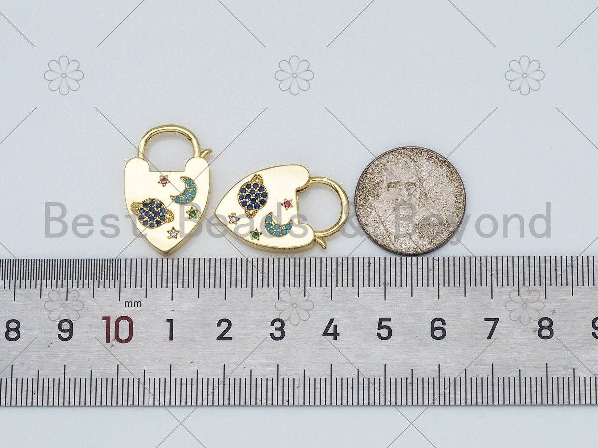 Colorful CZ Micro Pave Earth Moon On Heart Lock Shape Pendant,18K Gold Filled Heart Lock Charm,Necklace Bracelet Pendant,17x25mm,Sku#LK428