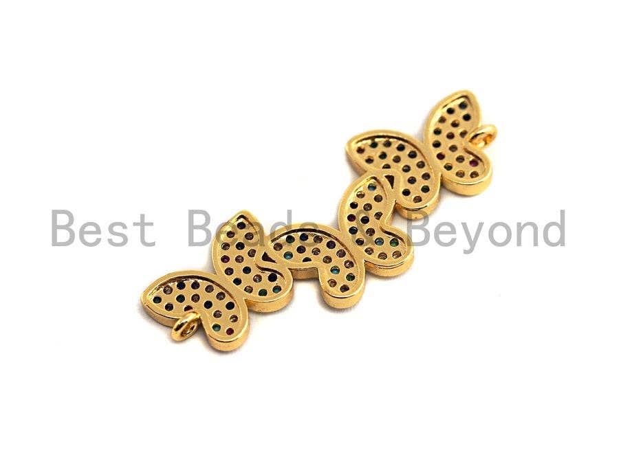 Colorful CZ Micro Pave Three Butterfly Connector/Link, Cz Pave Bracelet Necklace Connector in Gold Finish,14x37mm,sku#M254