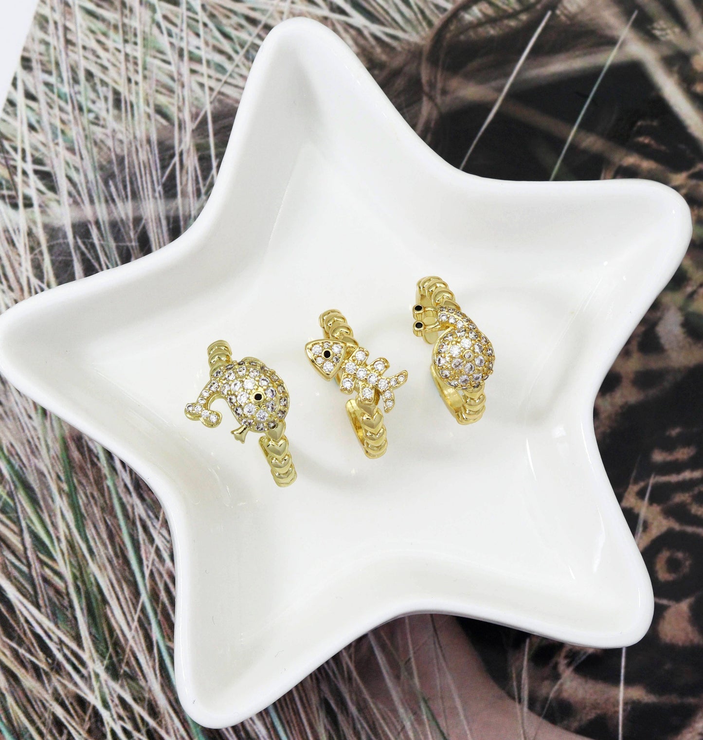 CZ Pave Gold Fish Snail Dolphin Ring, Sku#LK736