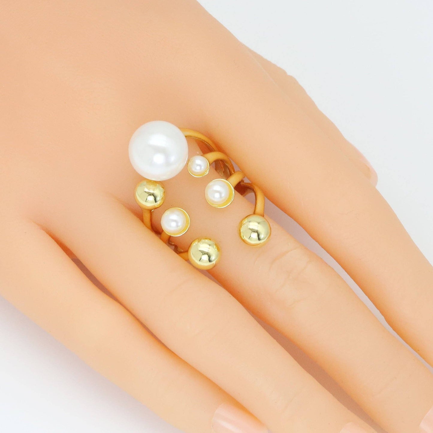 Gold Silver White Pearl Ball Adjustable Ring, Sku#LX683