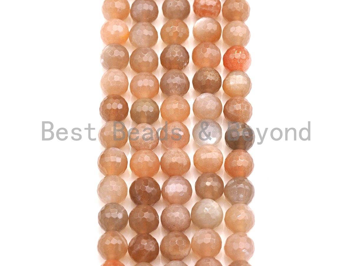 Mystic High Quality Natural Peach Moonstone, 8mm/10mm/12mm Moonstone Round Faceted, 15.5" Full Strand, Sku#U724