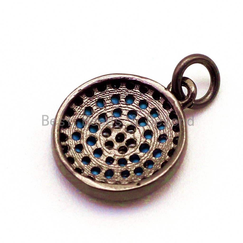 CZ Micro Pave 13mm Turquoise Evil Eye Round Coin Charm, Cubic Zirconia Pendant, CZ Dangle Charms, Silver/Rose Gold/Gold/Black Tone, sku#F34
