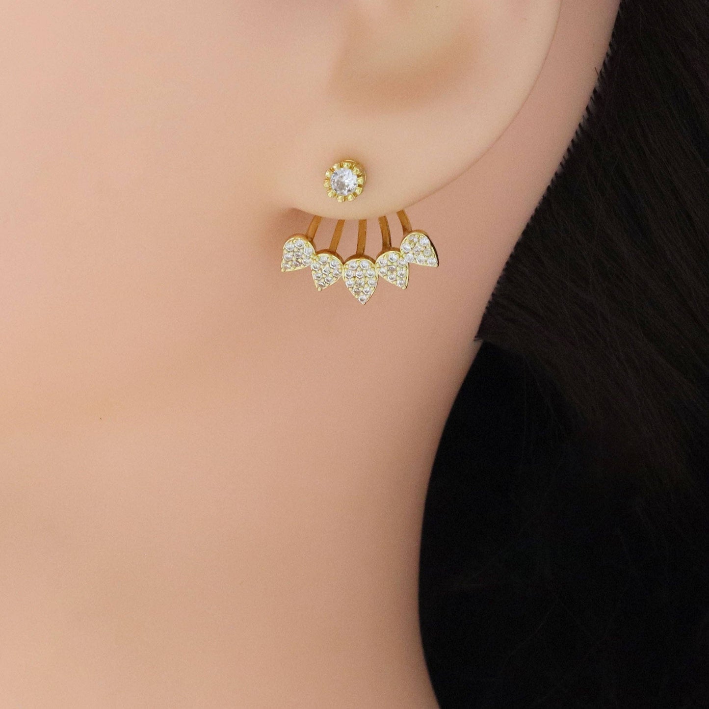 Gold Clear CZ Multi Leaves Drop Earrings, Sku#A225