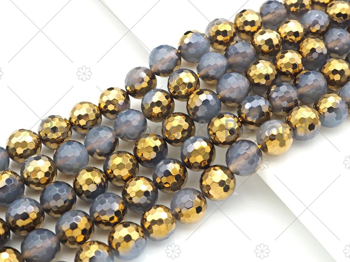 Natural Half Gold Plated Gray Agate Beads, 10mm/12mm Gold Grey Gemstone beads, 15.5" Full Strand, sku#UA99