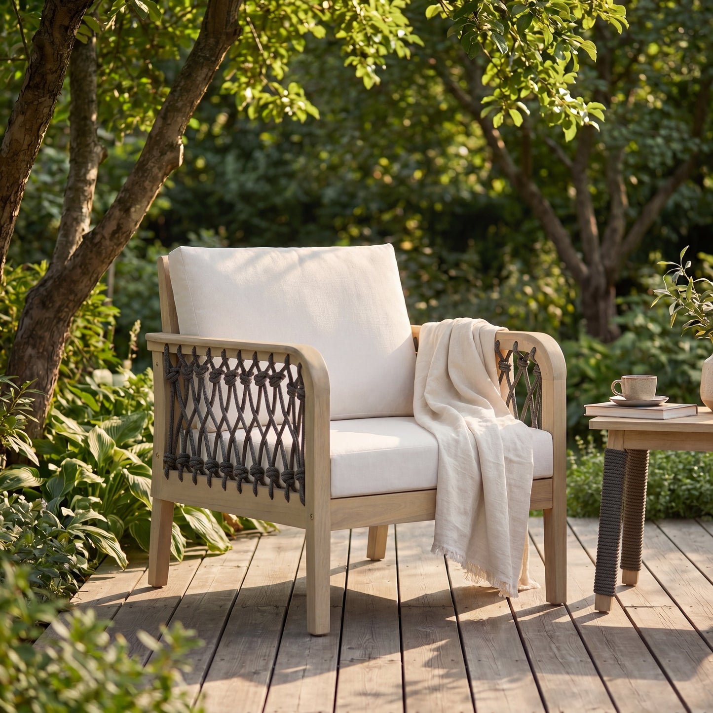 Outdoor Acacia Wood Club Chair with Handwoven Rope