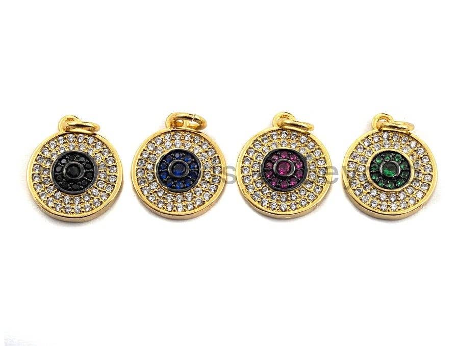 CZ Micro Pave Round Disc Pendant, Green/Black/Fuchsia/Cobalt Cubic Zirconia Big Pave Disc Charm Pendant, 13x15mm,sku#F894