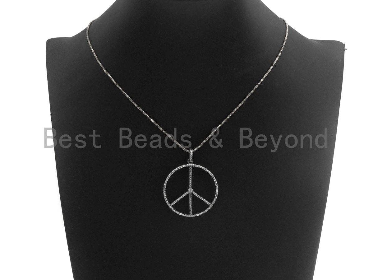 CZ Micro Pave Peace Sign Shape Pendant, Antique Silver Tone, Cubic Zirconia Pave Pendant, 36x39mm,sku#X130