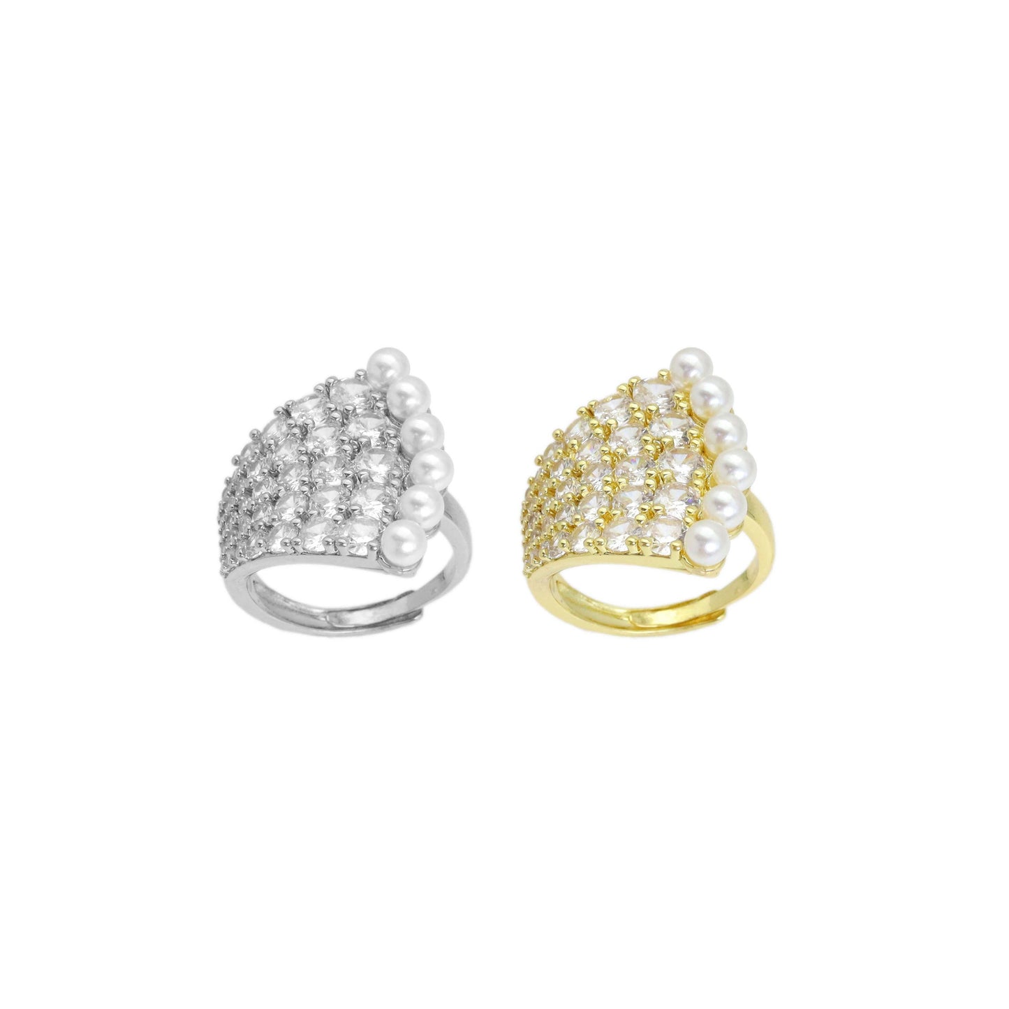 Clear CZ Gold Silver White Pearl Peacock Adjustable Ring, Sku#A186