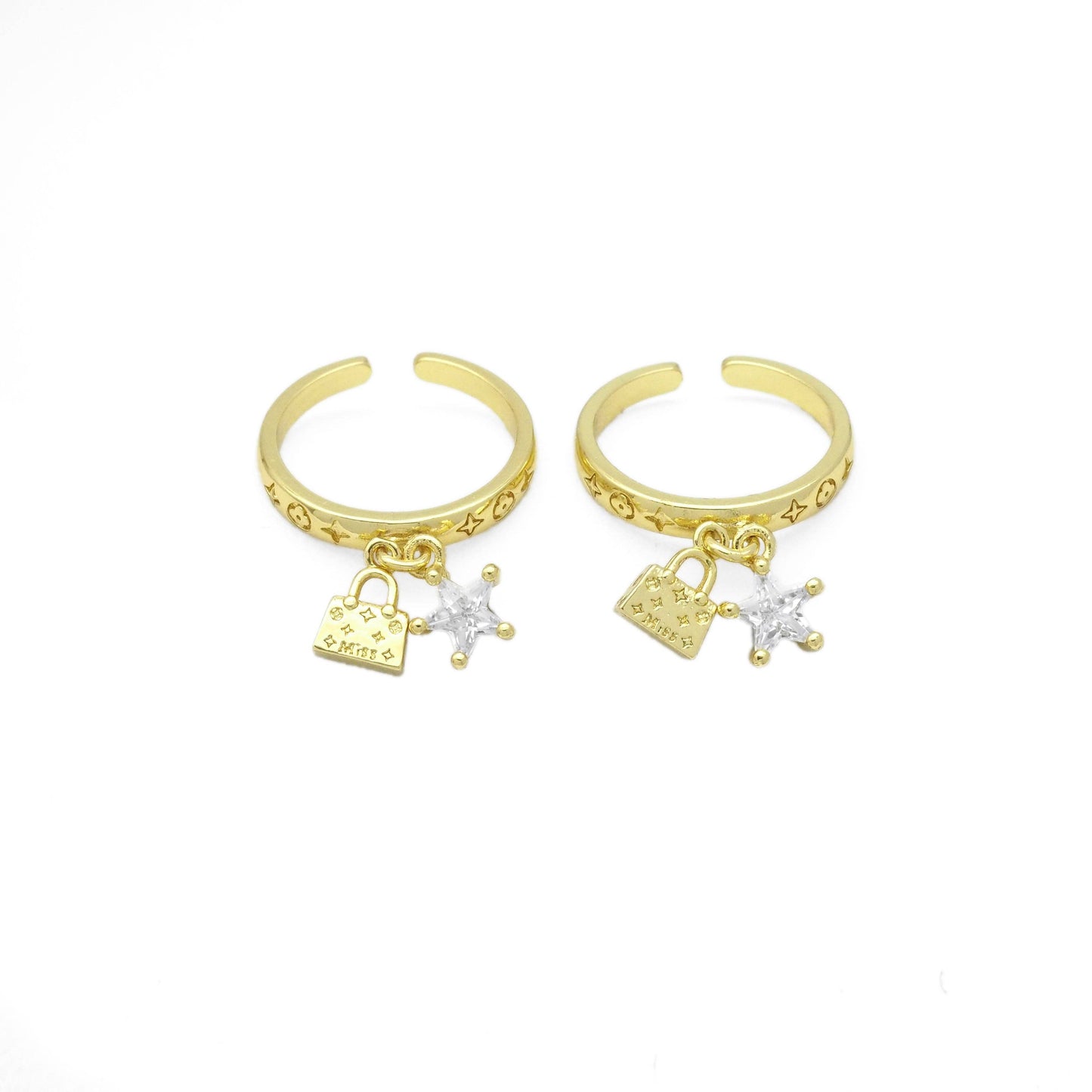 Gold Lock Star handbag Adjustable Ring, Sku#LK873