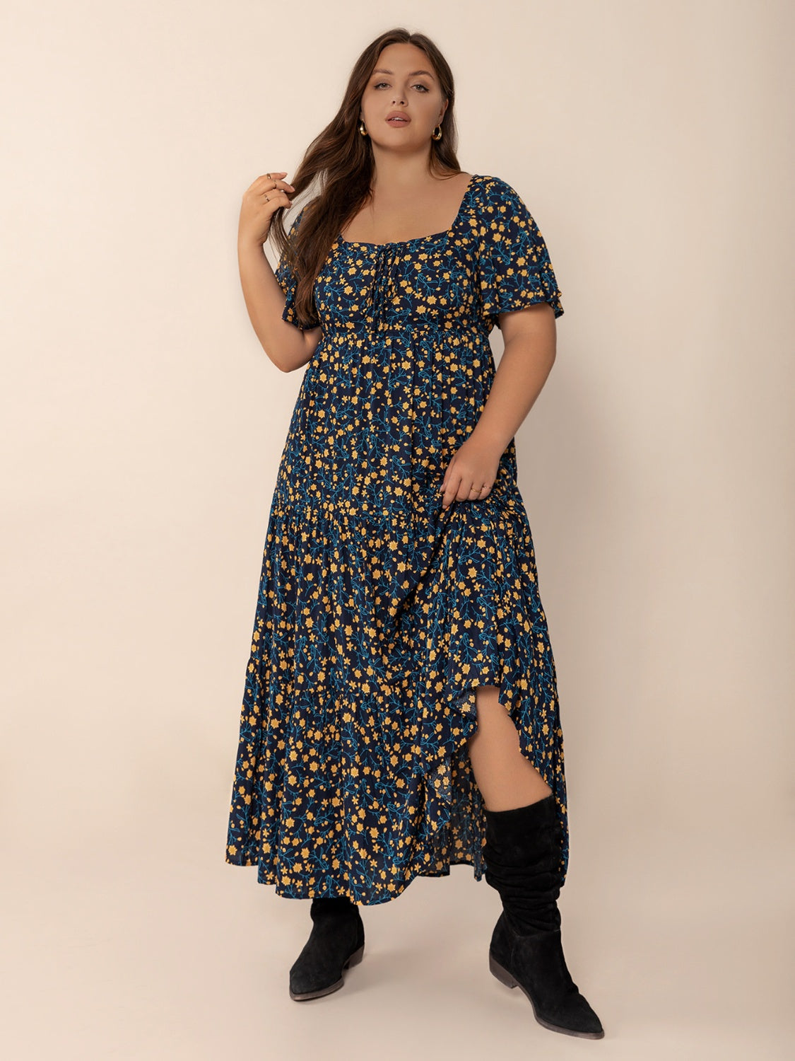 Plus Size Printed Short Sleeve Slit Tiered Maxi Dress