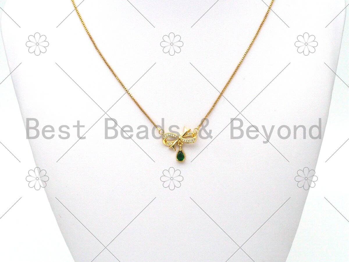 Emerald Green Teardrop CZ Micro Pave Bowknot Shape Pendant/Charm,18K Gold Filled Charm, Necklace Bracelet Charm Pendant,20x19mm,Sku#LK401