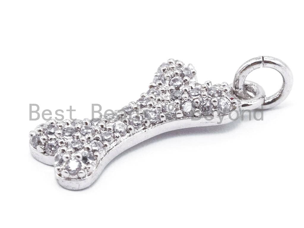 CZ Micro Pave Dog Bone Charm, Cubic Zirconia Pave Bracelet Charm, Gold/Silver/Gunmetal/Rose Gold Plated, 8x22mm,  Sku#F165