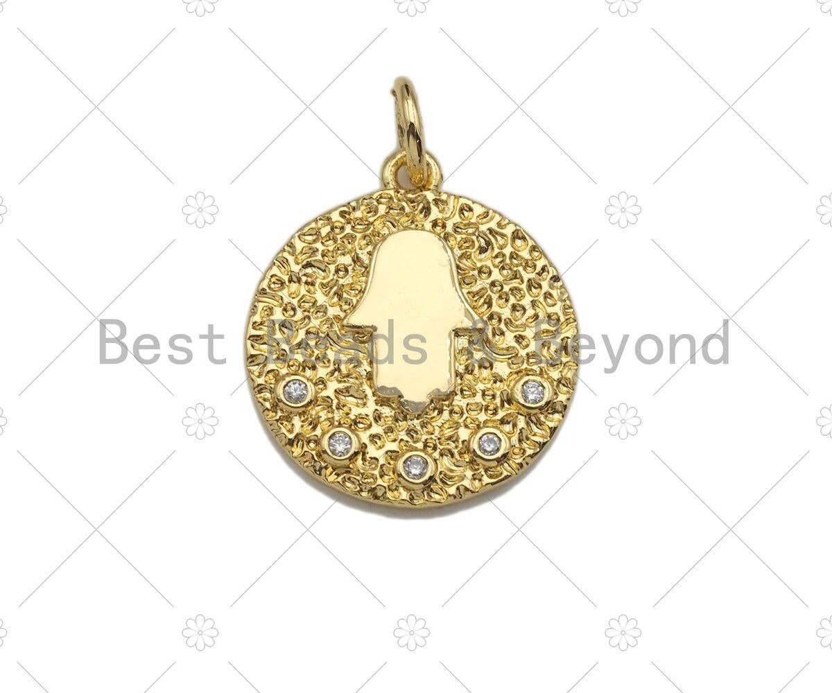 Hamsa Hand On Round Coin Shaped Pendant/Charm, Round Coin Cubic Zirconia Pendant Charm,15x17mm,sku#L301