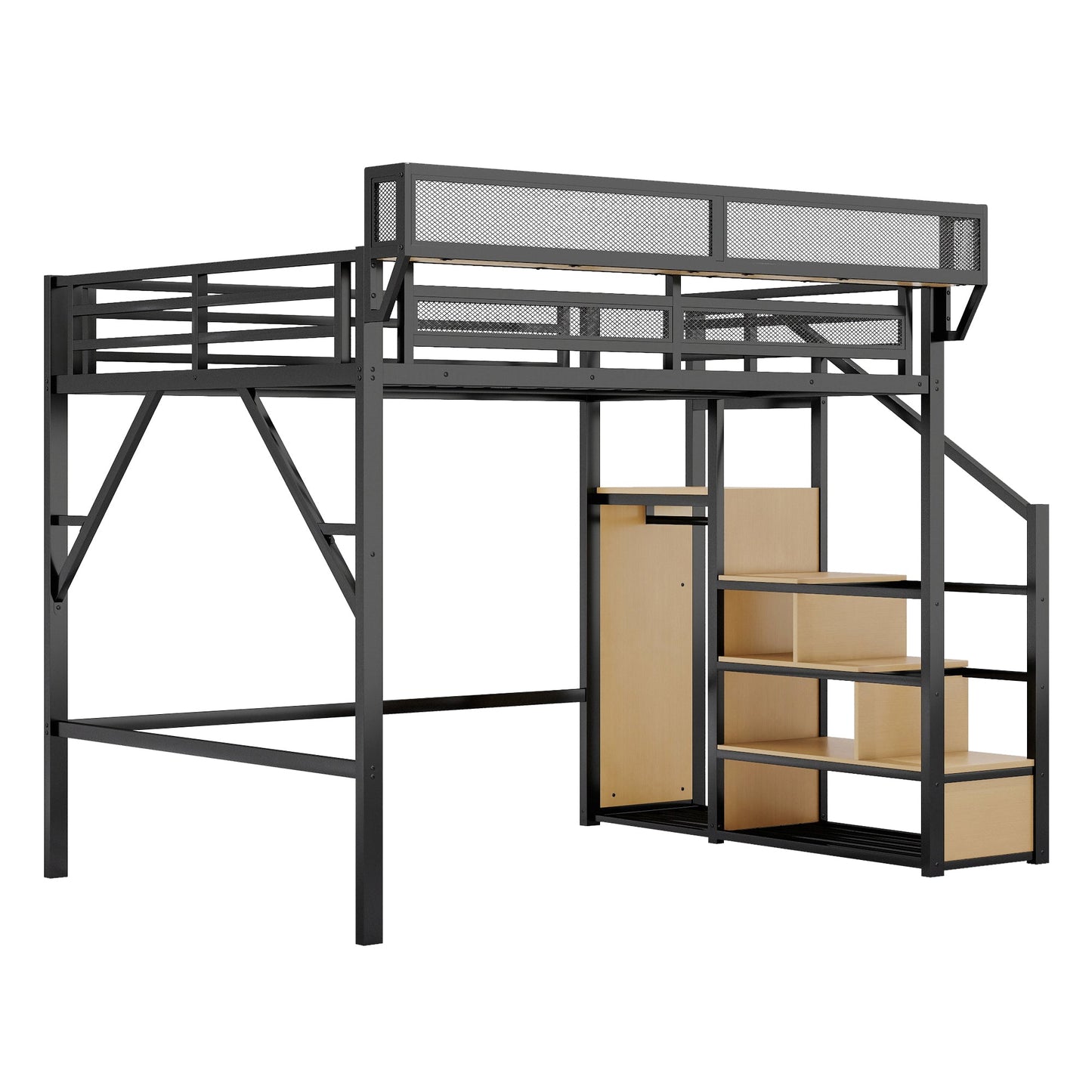 Queen Size Loft Bed with Stairs and Storage Shelves