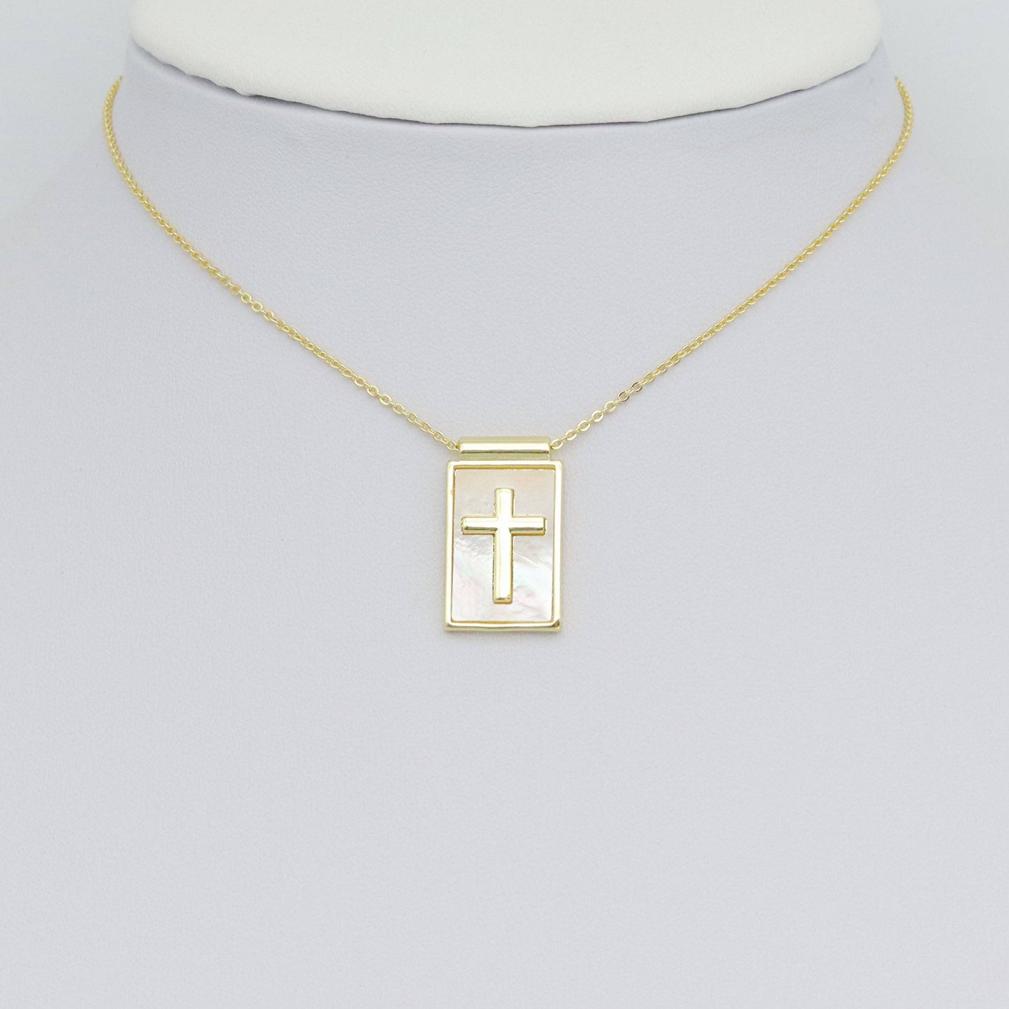 Gold Cross on Mother of Pearl Cross Rectangle Shape Charm Pendant, Sku#LK1051