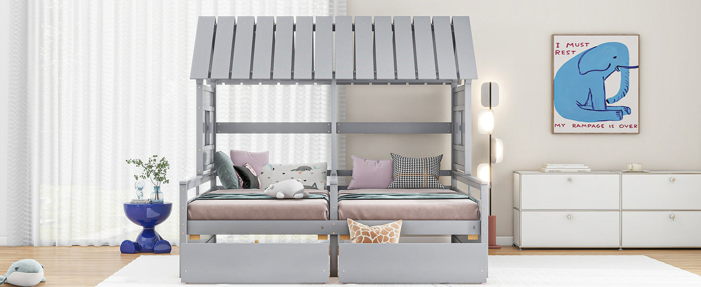 Twin Size House Platform Beds with Storage Drawers