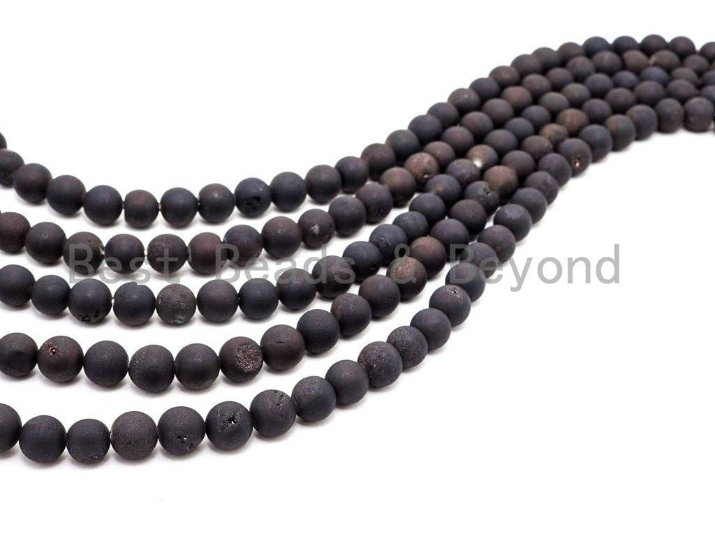 Druzy Black Plated Agate beads Strand, 6mm/8mm/10mm/12mm/14mm Round Smooth Matte Black beads, Natural Agate Beads, 15.5inch strand, SKU#U121