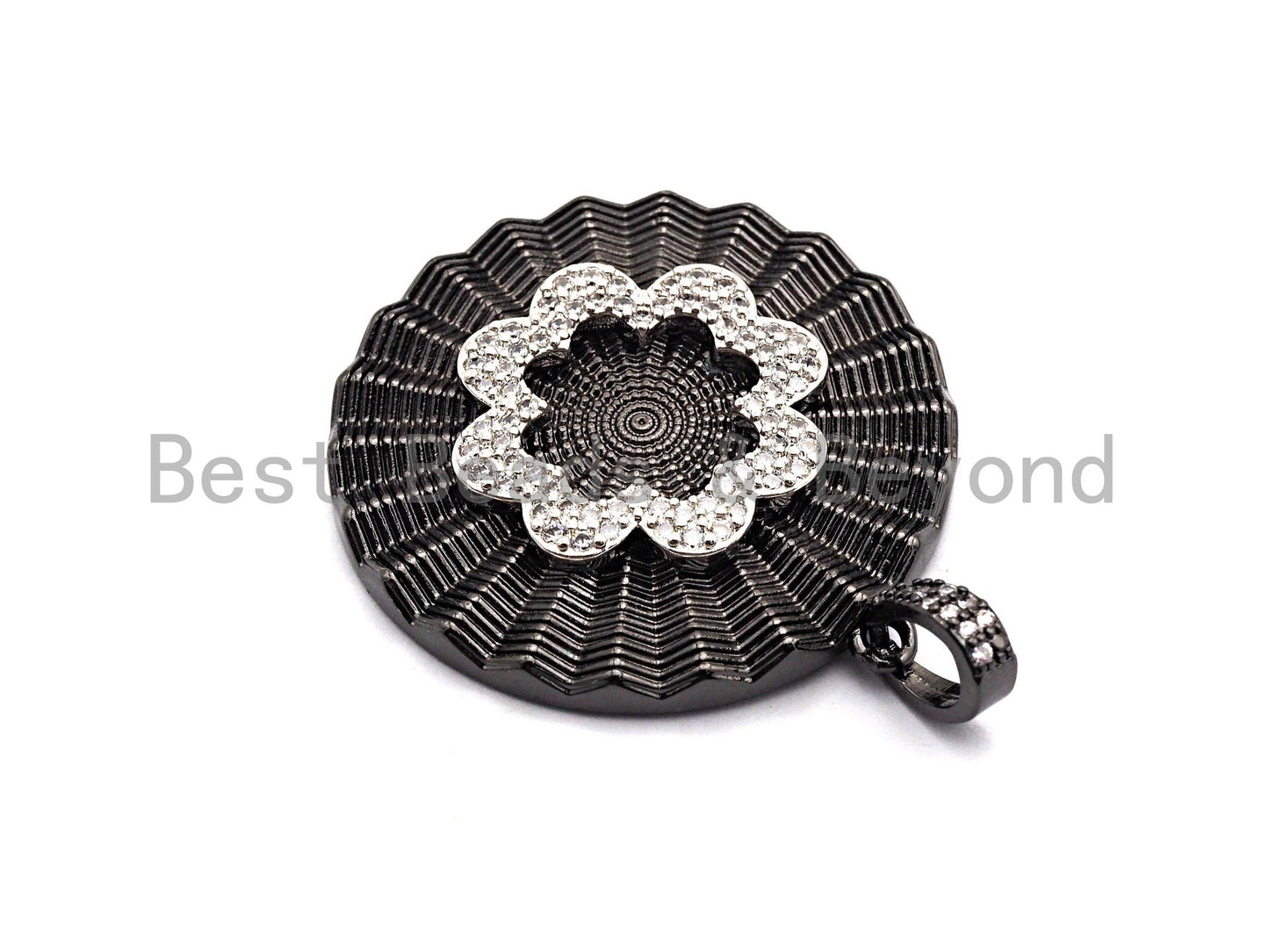 CZ Clear/Black Micro Pave Round With Flower Pendant, CZ Pave Pendant, Gold/Rose Gold/Silver/Gunmetal plated, 36x38mm, Sku#F772