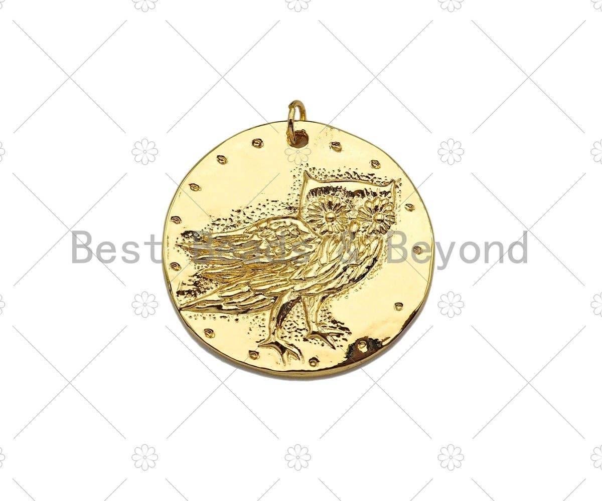 18k Dainty Gold Bird On Round Coin Shape Charms, Dainty Charms, Gold Pendant, Round Coin Necklace Charms, 29x19mm, Sku#LK185