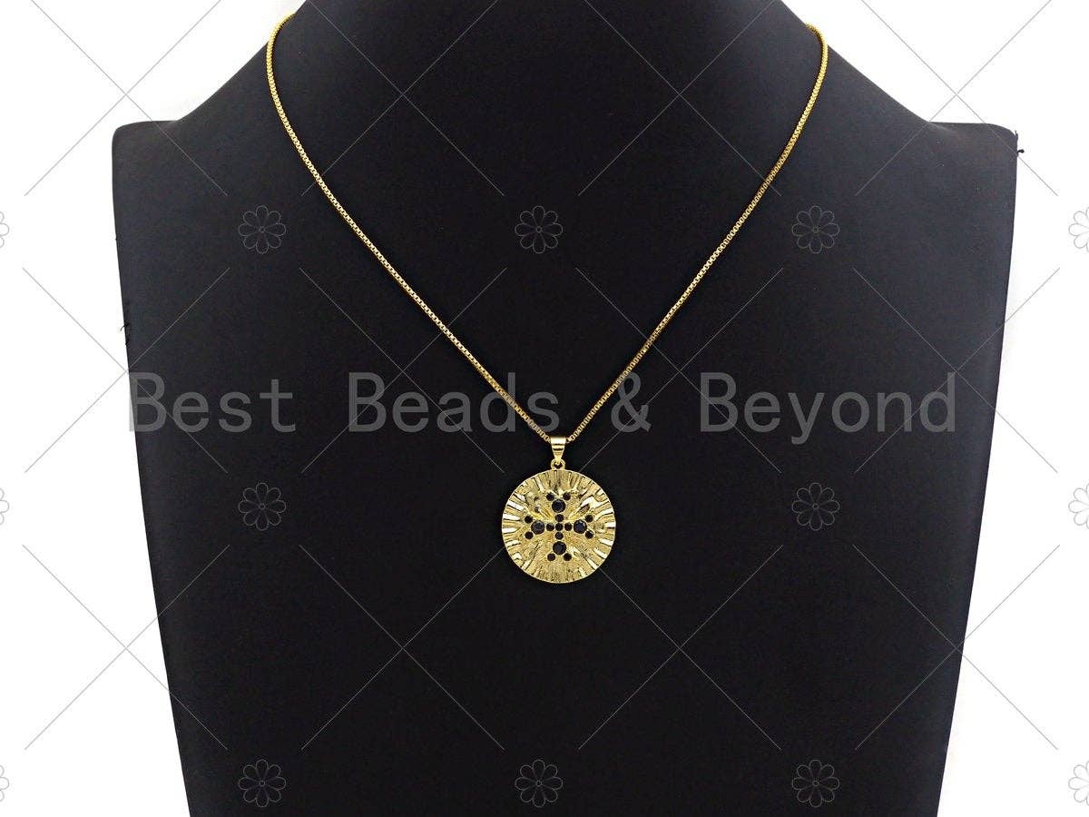 18K Gold Black CZ Cross On Round Coin Shape Pendant, Gold Coin Charm, Cross Pave Pendant, Men's Jewerly Findings, 25mm, Sku#LK61