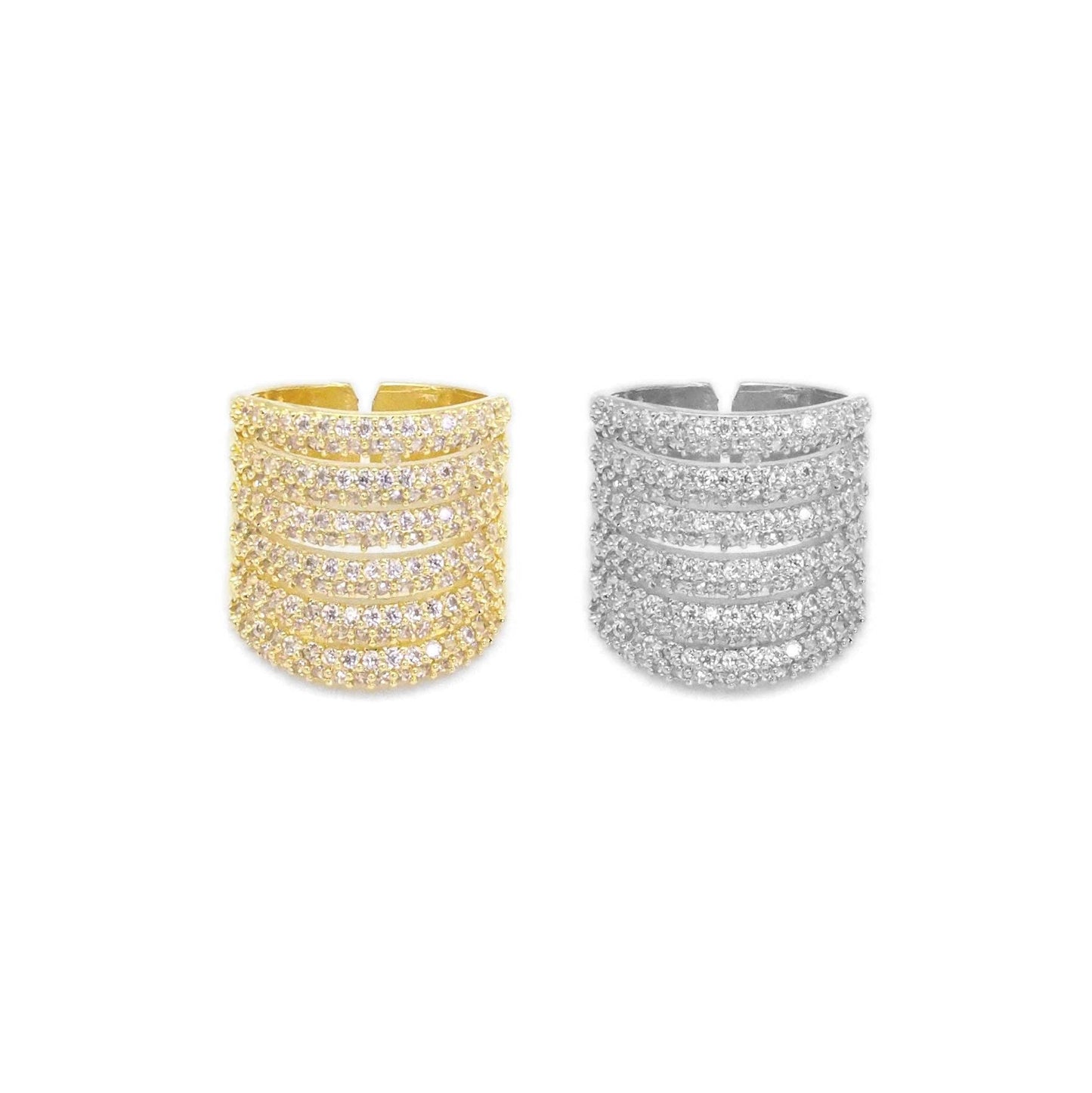 Gold Silver CZ Multilines Statement Adjustable Ring, Sku#LX379