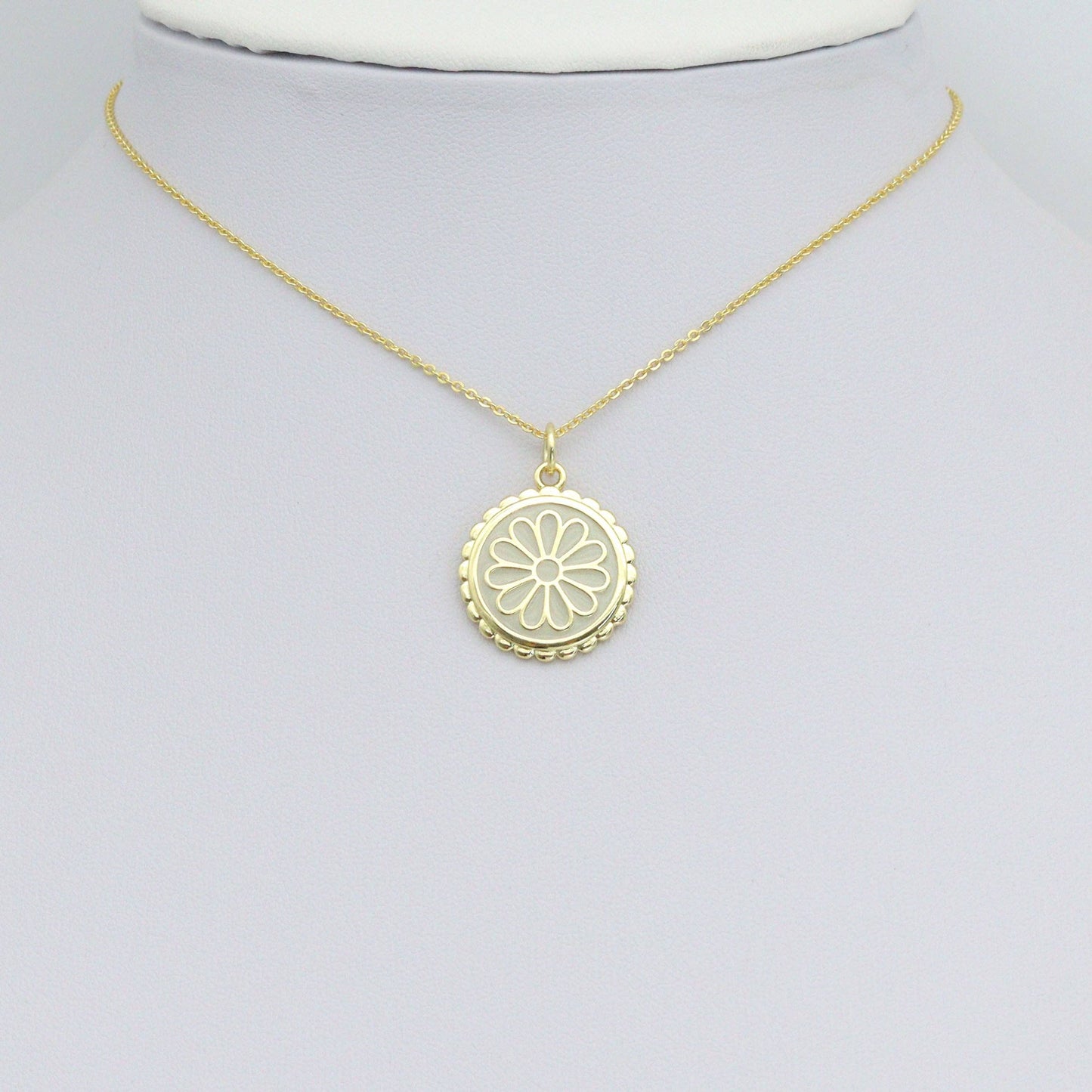 White Enamel Flower On Round Gold Charm Pendant, Sku#LX802