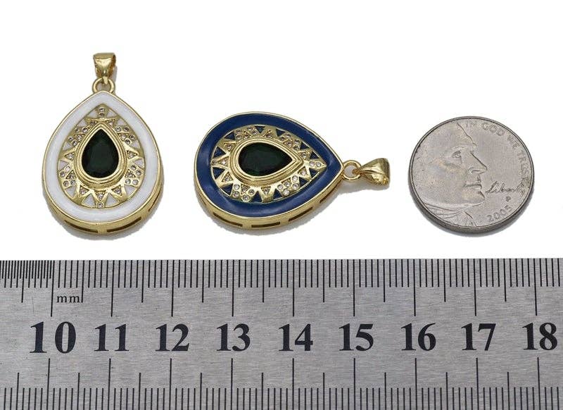 Large Gold CZ Enamel Teardrop Shape Focal Pendant, Sku#LK727