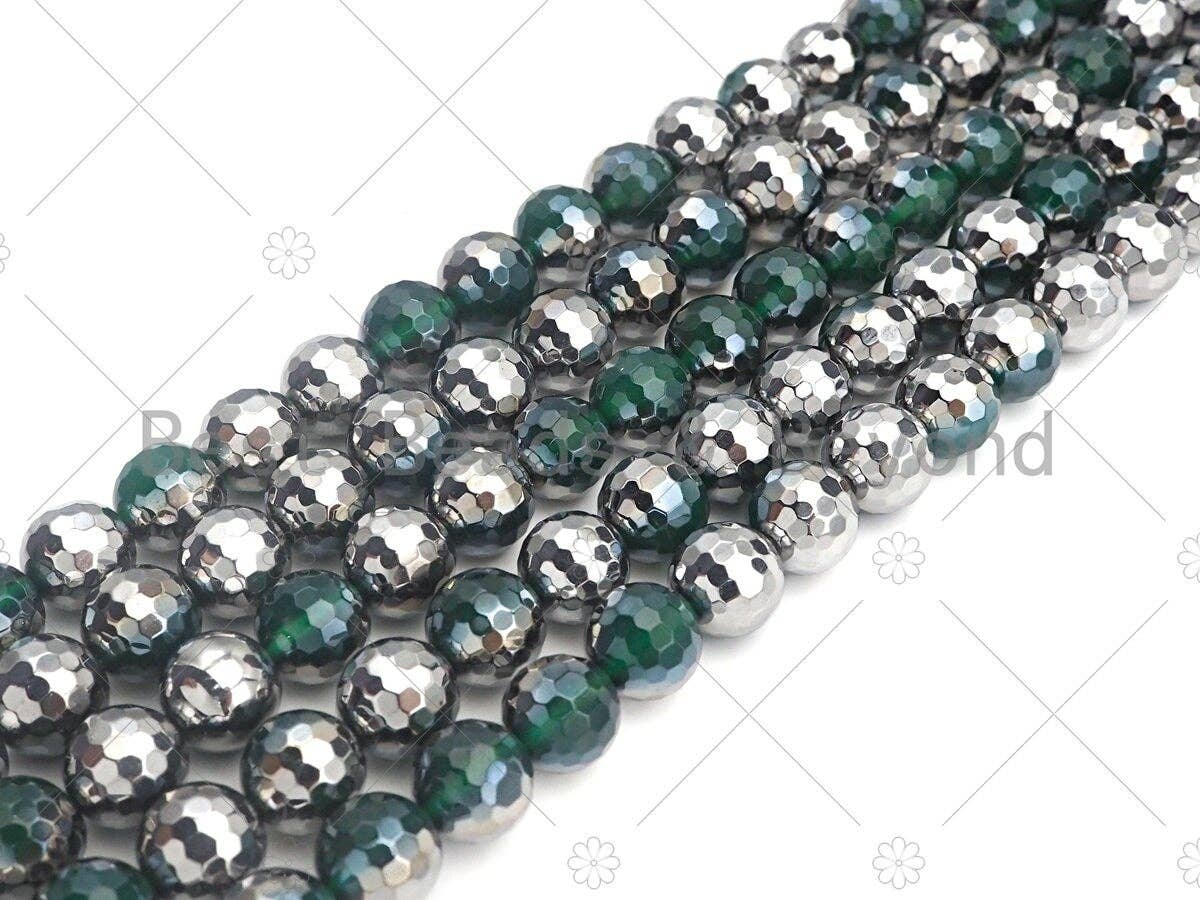 Top Quality Half Silver Plated Green Agate Beads, 8mm/10mm/12mm Round Faceted Green Agate beads, 15.5" Full Strand, sku#UA96