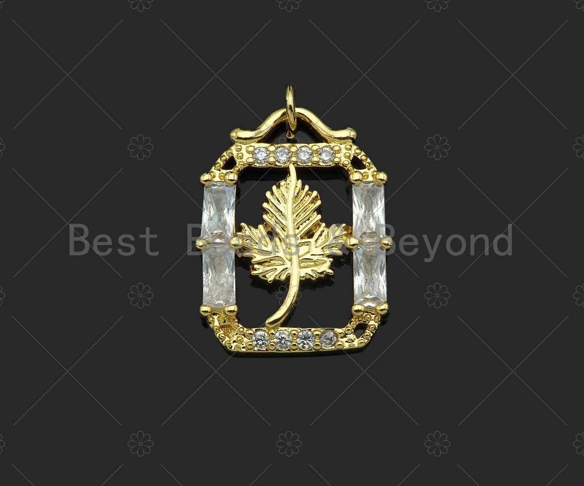 CZ Micro Pave Maple Leaf On Rectangular Frame Shape Pendant/Charm,Big CZ Charm, Necklace Bracelet Charm Pendant,19x24mm, Sku#LK260