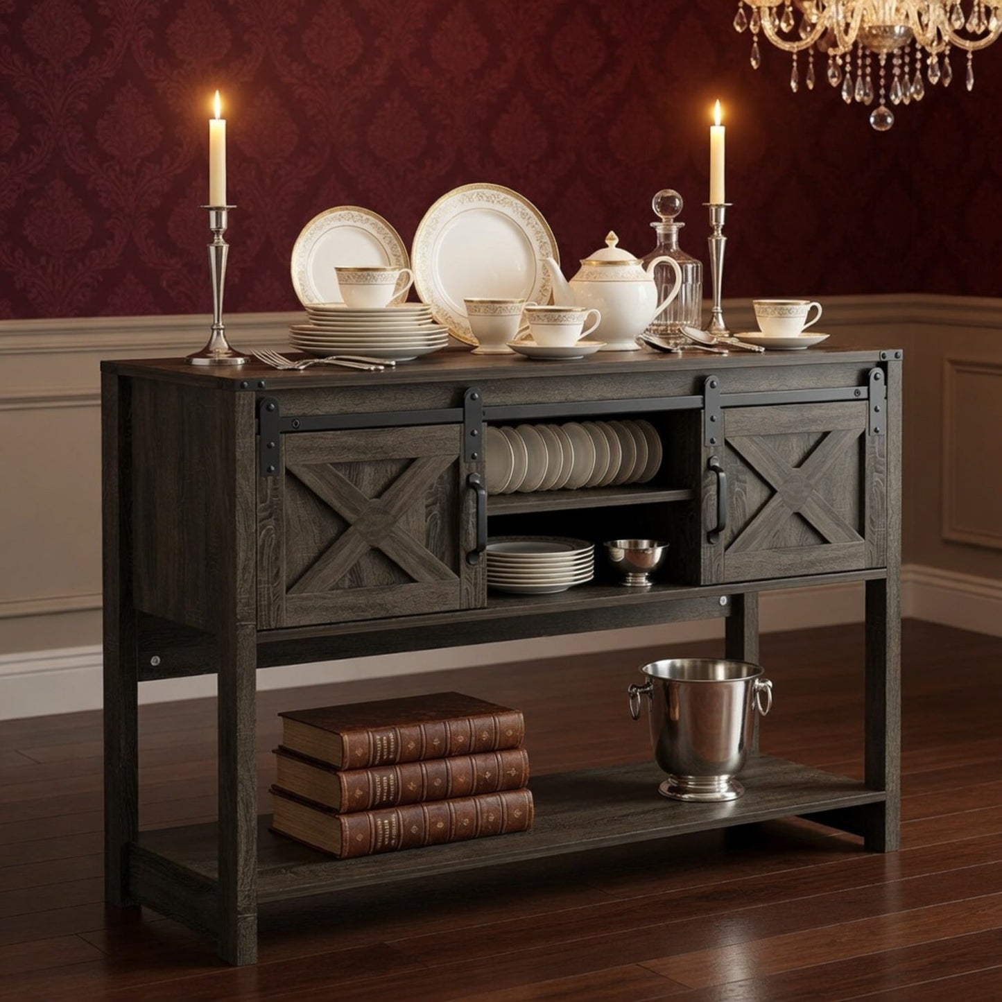 46" Modern Farmhouse Entryway Table with Storage & Sliding Barn Door, Dark