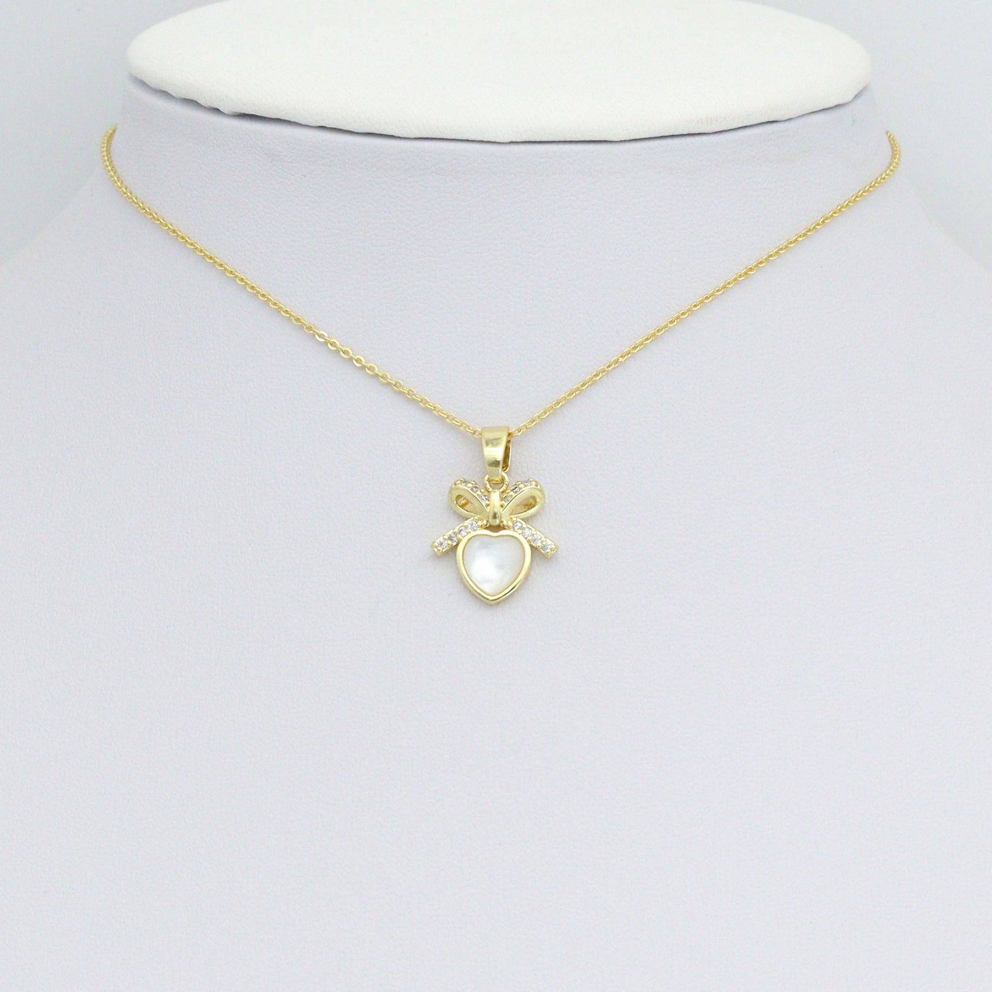 Clear CZ Gold Bow Mop Heart Charm Pendant, Sku#LX810