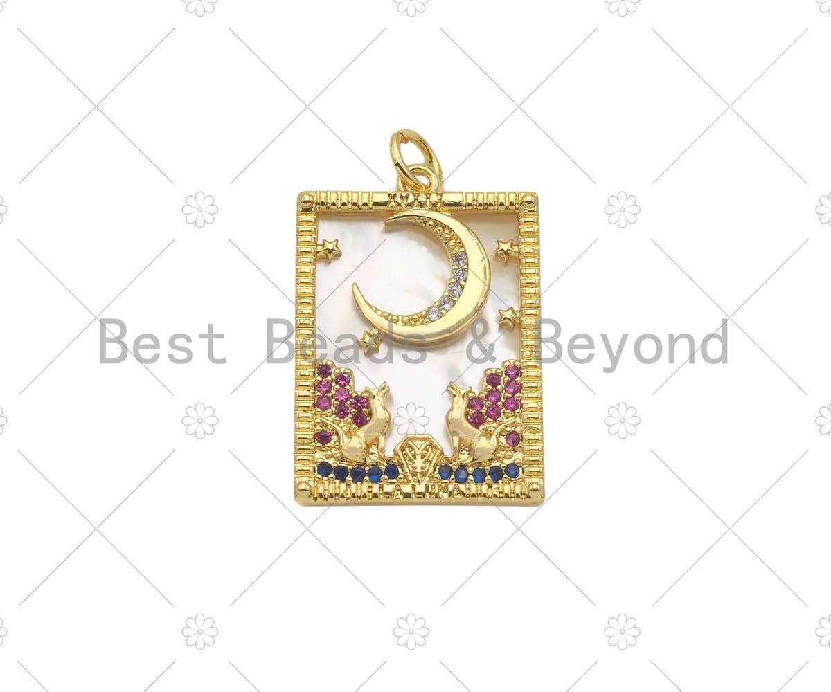Gold Filled CZ Micro Pave North Star Cresent Moon on Mother of Pearl Rectangle Pendant,18K Gold Filled MOP Charm,17x24mm,Sku#Z1338